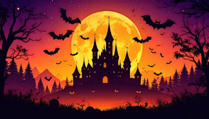 Spooky Castle Under a Full Moon at Halloween Night
