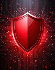 Futuristic Red Metallic Shield in Technology Background
