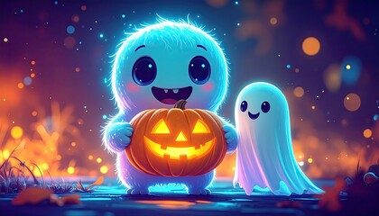 Adorable Halloween Monster Holding Pumpkin