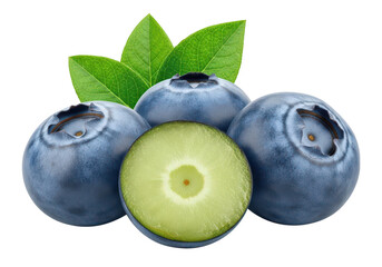 Obraz premium Three ripe blueberries one cut in half with green leaves on blueberry fruit