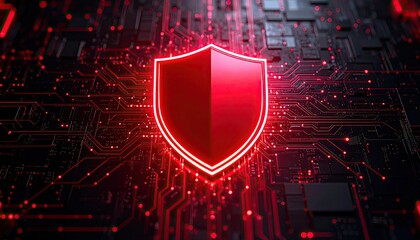 Red Metallic Shield on Futuristic High-Tech Background