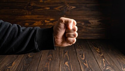 Man with Clenched Fist Against Wooden Background
