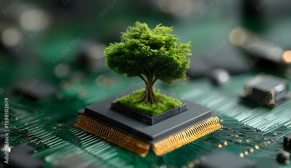 Poster a miniature tree growing on a computer chip, symbolizing the fusion of nature and technology. this i