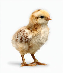 Obraz premium A cute, fluffy chick standing on a white background, showcasing its vibrant feathers and curious demeanor, perfect for nature and animal-themed projects.
