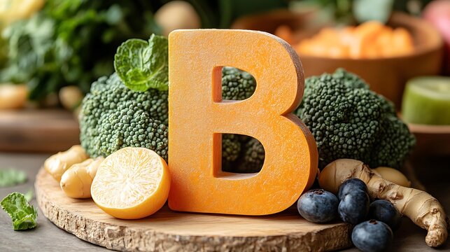 Vitamin B displayed amongst fresh fruits and vegetables.