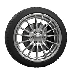 Obraz premium Photo of a Car Tire with Silver Wheel Rim on Isolated Black Background