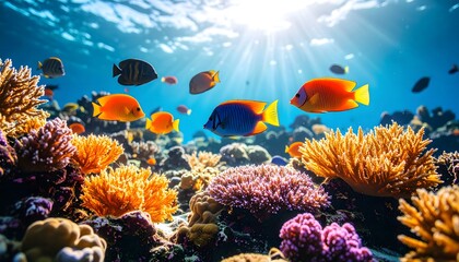 Vibrant fish swim amid colorful coral