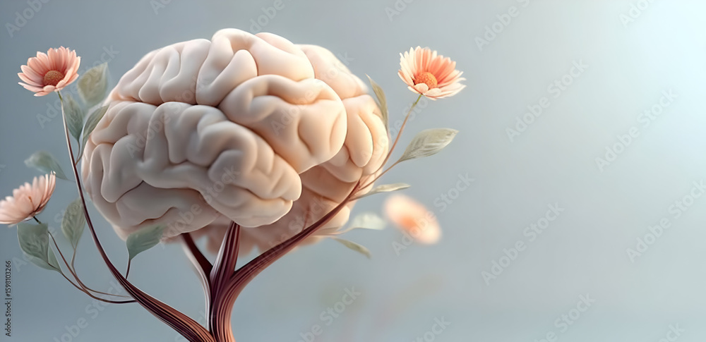 Poster an artistic representation of a brain intertwined with delicate flowers, symbolizing the connection 