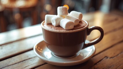 A cup of hot chocolate topped with marshmallows on a wooden table.