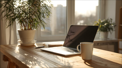 Fototapeta premium Workspace with laptop and mug in a sunlit room surrounded by plants creating a cozy atmosphere for productivity in the morning
