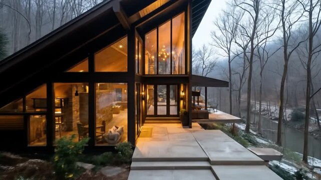 A modern home with a dramatic, triangular roof, floor-to-ceiling windows, and warm interior lights, nestled in a misty, wooded landscape