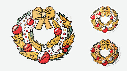 Illustration of christmas wreaths decorated with ornaments bow star and leaves for festive season decor
