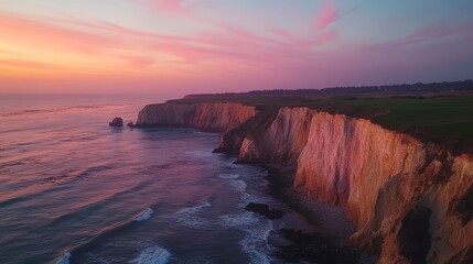 Obraz premium Stunning sunset over dramatic coastal cliffs and ocean waves.