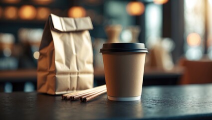 A paper bag and a disposable coffee cup on a table in a cozy cafe setting.