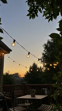 Outdoor patio with string lights and furniture at dusk. Relaxing backyard scene with warm lighting.