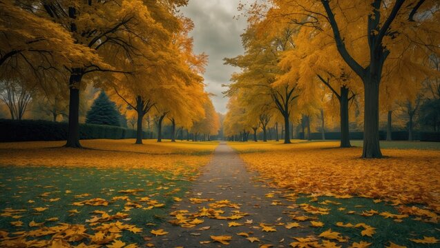 Autumn park scene with yellow leaves on trees and ground, pathway through the park, and overcast sky. - Powered by Adobe