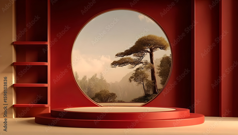 Poster intricately designed interior featuring a circular opening framing a serene tree landscape, blending
