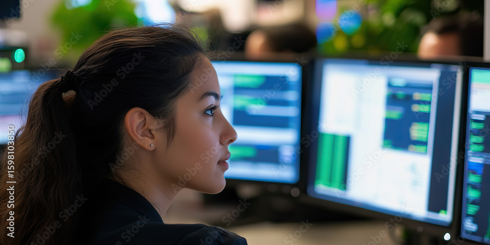 Poster woman viewing computer code on monitors