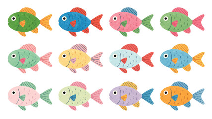 Fototapeta premium A whimsical illustration of 10 colorful fish arranged in two rows against a white background. The fish are painted in a watercolor style with simple, clean lines 