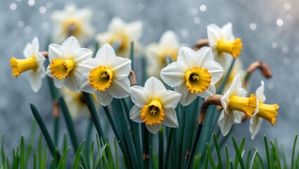 Fototapeta premium Cluster of white daffodils with yellow centers blooming among green grass in a rainy setting.