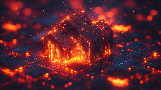 A glowing house structure sits atop a circuit board.