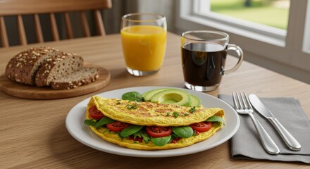 Healthy Gourmet Breakfast with Veggie Omelette, Avocado Slices, and Morning Coffee on a Cozy Kitchen Table

