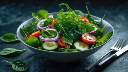Fresh vegetable salad with spinach, cucumber, cherry tomatoes, red onion, and herbs. Health, nutrition, and healthy eating concept. Vegetarian meal.