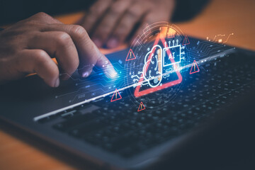AI technology scam or cyber security concept, Man working with computer show data protection or warning about using AI technology to access software or internet threats with virtual graphic