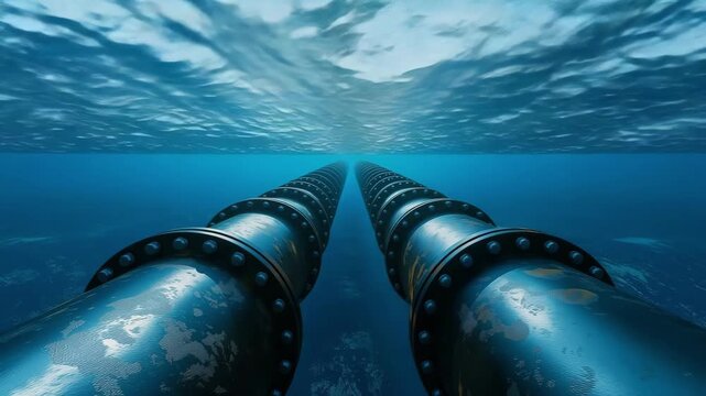 Underwater metal conduit for subsea oil and gas pipeline transport in a deep blue ocean, with clear visibility of the structure and the surrounding marine environment.