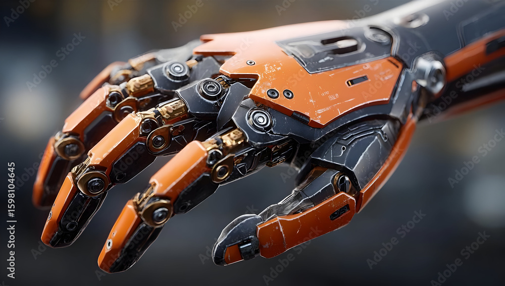 Poster a close-up view of a futuristic robotic hand, showcasing intricate mechanical details and an orange 