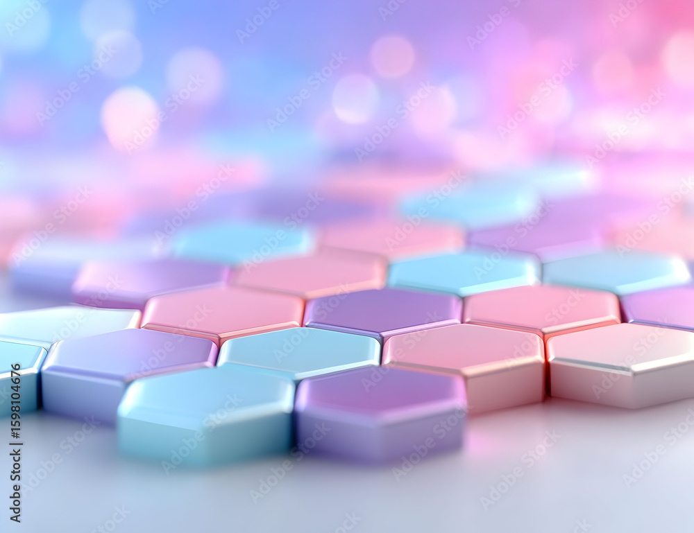 Poster colorful hexagonal tiles create a mesmerizing pattern, reflecting light in soft pastel shades of pin