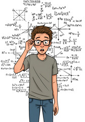 Surprised Student Illustration Surrounded by Equations, Mathematics Concept