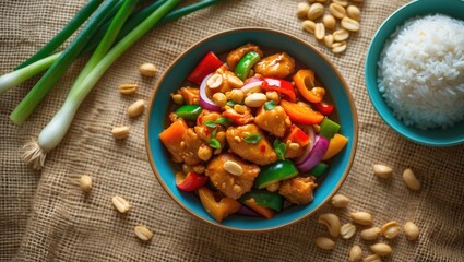 Fototapeta premium Colorful chicken stir-fry with vegetables and rice in bowls, served on a textured tablecloth with green onions and scattered peanuts.