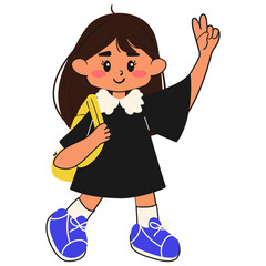 Cheerful girl going to school. Back to school sticker. Doodle style school student. Flat vector illustration.