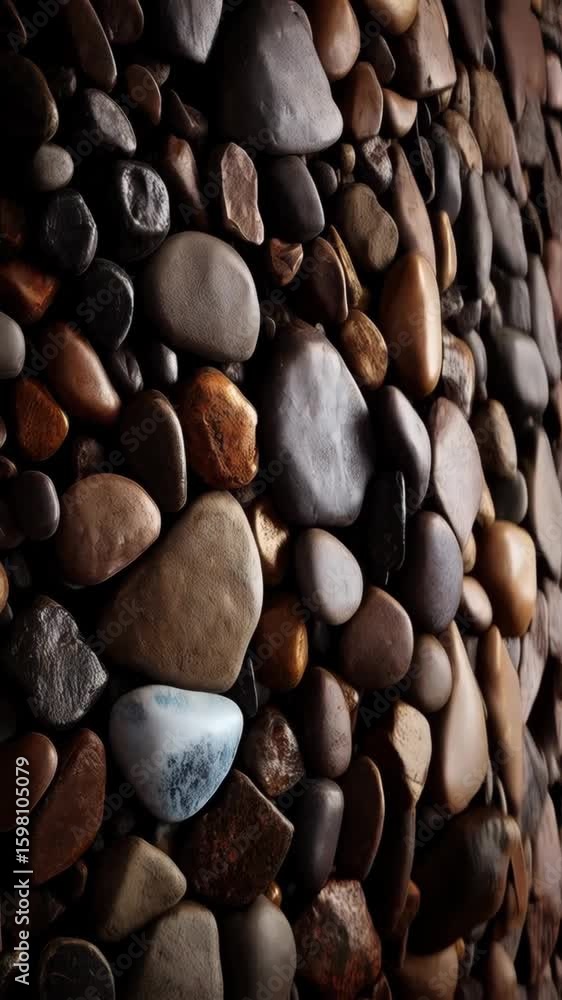 Poster close-up of natural brown and grey river stones with smooth rounded surfaces, creating a textured ba