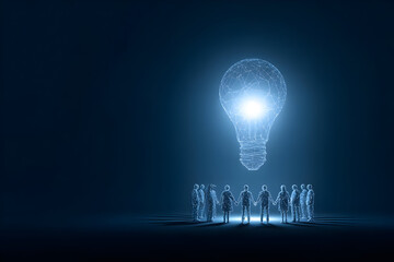 A group of people gathers under a glowing light bulb, symbolizing innovation, collaboration, and the sharing of bright ideas in a digital landscape.