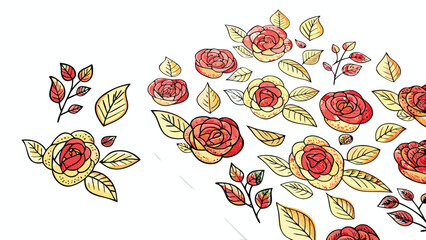 Watercolor illustration of roses and leaves in shades of red and yellow on a white background