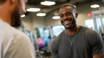 Smiling fitness enthusiasts engaging in conversation at a modern gym setting during a workout session