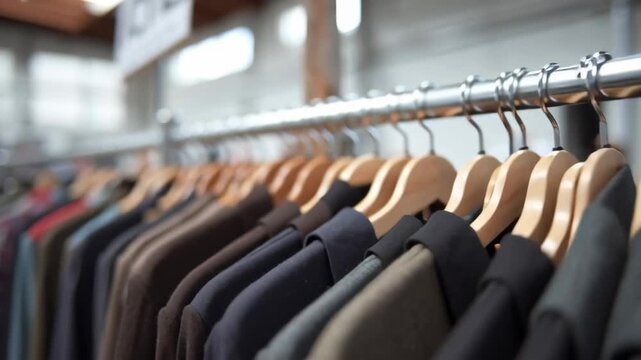 Clothing rack with jackets and coats wooden hangers city flea market creating cozy shopping atmosphere with soft natural light and blurred background