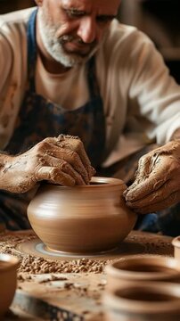 Pottery making with artisan hands on wheel, showing traditional craft and handmade process. 4K, vertical video, social media, 9:16, insta story
