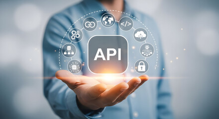 Man holding API concept with digital icons representing cloud computing and data transfer