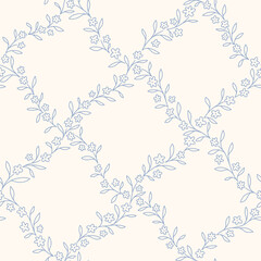 Hand drawn floral seamless lattice pattern with a charming whimsical cottage core design. Soft blue, pastel, and nostalgic trellis print. Perfect for textiles and romantic vintage-inspired decor.