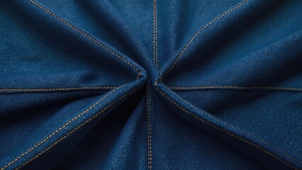 Close-up of blue denim fabric with stitched seams, showcasing texture and material details.