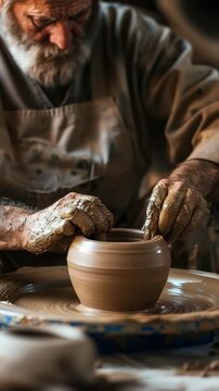 Pottery making with artisan hands on wheel, showing traditional craft and handmade process. 4K, vertical video, social media, 9:16, insta story