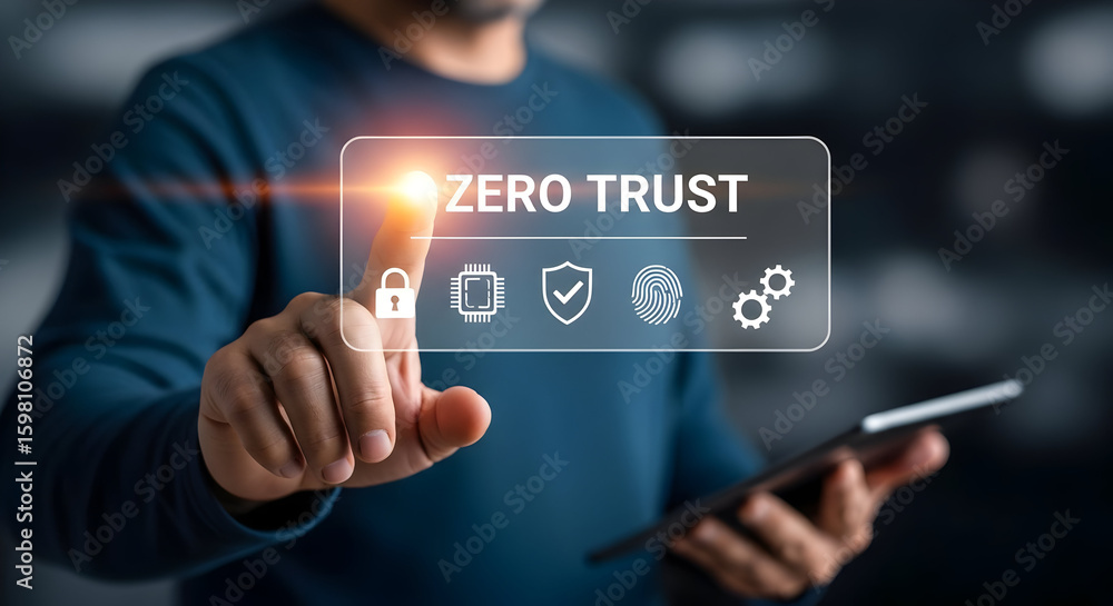 Poster man interacting with zero trust interface, highlighting cybersecurity and data protection