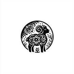 Black and white circular emblem featuring a stylized ram with floral ornaments