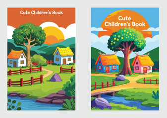 Naklejka premium Cute Village Scene Book Cover With River Trees And Houses