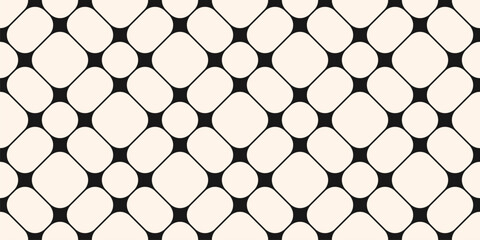 Simple vector seamless pattern with geometric lattice, grid, rounded mesh.  Black and white background with nodes, lines, net. Repeat ornament texture in modern style. Design for decor, print, textile
