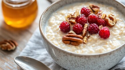 Flat lay of a cozy autumn breakfast with creamy porridge and pecans on a whitewashed wood table