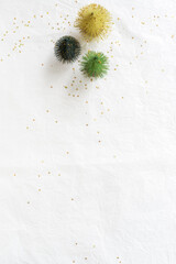 Christmas themed decorations on paper texture background. green Christmas tree and gold glitter star, Top view image.
